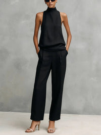 Clara | Damen Baumwoll-Leinen Ärmellose High-Neck Top Hose Set - Schwarz