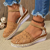 Clara | Damen Bequeme Sandalen Häkeloptik Keilabsatz Knöchelriemen - Dunkelbraun