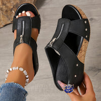 Katharina | Damen Bequeme Sandalen Keilabsatz Kork Plateau Offene Zehe Reißverschluss - Schwarz
