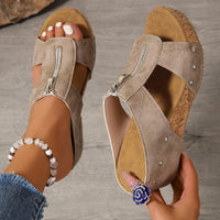 Katharina | Damen Bequeme Sandalen Keilabsatz Kork Plateau Offene Zehe Reißverschluss - Khaki