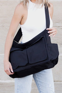 Elfriede | Damen Übergroße Canvas Tote Bag Messenger Schultertasche - Schwarz