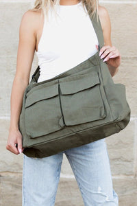 Elfriede | Damen Übergroße Canvas Tote Bag Messenger Schultertasche - Olive