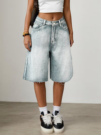 Damen Bermuda-Jeansshorts mit hoher Taille - Hellblau