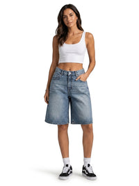 Damen Bermuda-Jeansshorts mit hoher Taille - Denim