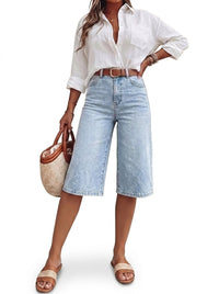 Damen Bermuda-Shorts aus Denim mit hoher Taille - Hellblau