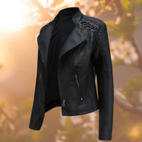 Elisabeth | Damen Bikerjacke Kunstleder Reißverschluss Schulterdetail - Schwarz