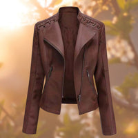 Elisabeth | Damen Bikerjacke Kunstleder Reißverschluss Schulterdetail - Dunkelbraun
