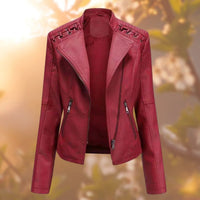 Elisabeth | Damen Bikerjacke Kunstleder Reißverschluss Schulterdetail - Dunkelrot