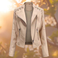 Elisabeth | Damen Bikerjacke Kunstleder Reißverschluss Schulterdetail - Khaki