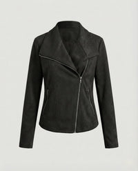 Nora | Damen Bikerjacke Kunstleder Wildlook asymmetrischer Reißverschluss - Schwarz