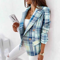 Damen karierter Blazer mit Knöpfen, Langarm - Blau