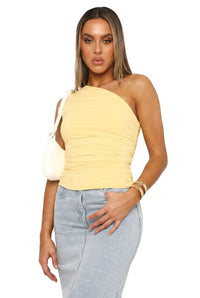 Damen-Bluse mit einseitiger Schulter und Raffungen - Gelb