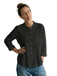 Damen Bluse mit Faltenfront und Knopfleiste - Schwarz