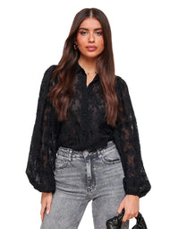 Damen-Bluse mit floraler Stickerei, transparentem Gewebe und Ballonärmeln - Schwarz