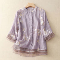 Damen Bluse mit Knopfleiste, Rundhalsausschnitt und floraler Struktur - Lila