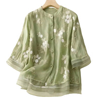 Damen Bluse mit Knopfleiste, Rundhalsausschnitt und floraler Struktur - Grün