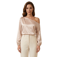 Damen-Bluse mit One-Shoulder-Ausschnitt und Ballonärmeln - Beige
