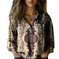 Damen Bluse mit Ornamentdruck und Knopfleiste - Beige