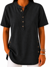 Damen Bluse mit Rundhalsausschnitt und Knopfleiste - Schwarz