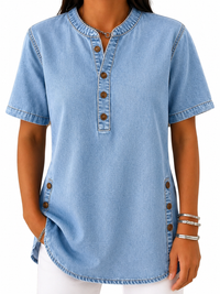 Damen Bluse mit Rundhalsausschnitt und Knopfleiste - Hellblau
