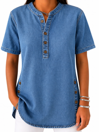 Damen Bluse mit Rundhalsausschnitt und Knopfleiste - Blau