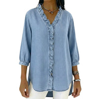 Damen-Bluse mit Rüschenbesatz und 3/4-Ärmeln - Hellblau
