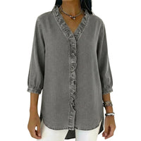 Damen-Bluse mit Rüschenbesatz und 3/4-Ärmeln - Grau