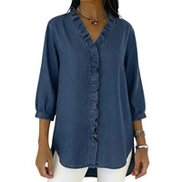 Damen-Bluse mit Rüschenbesatz und 3/4-Ärmeln - Marineblau