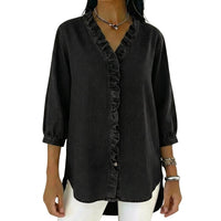 Damen-Bluse mit Rüschenbesatz und 3/4-Ärmeln - Schwarz