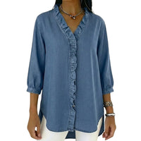 Damen-Bluse mit Rüschenbesatz und 3/4-Ärmeln - Blau