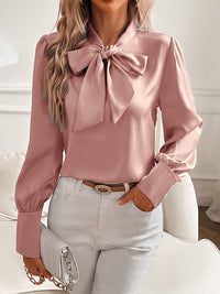 Damen Bluse mit Schleifenkragen und langen Ärmeln - Rosa