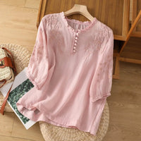 Elisabeth | Damen Bohemian Bluse mit Blumenstickerei Rüschenkragen Puffärmeln - Rosa