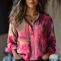 Elisabeth | Damen Boho Langarm Bluse geknöpft florales Muster - Rosa