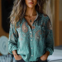 Elisabeth | Damen Boho Langarm Bluse geknöpft florales Muster - Ozeanblau