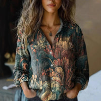 Elisabeth | Damen Boho Langarm Bluse geknöpft florales Muster - Dunkelgrün