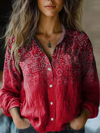 Elisabeth | Damen Boho Langarm Bluse geknöpft florales Muster - Tiefrot