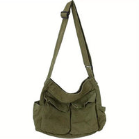 Marie | Damen Canvas Tote Bag Vintage Umhängetasche mit Außentaschen - Armeegrün