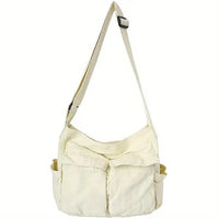 Marie | Damen Canvas Tote Bag Vintage Umhängetasche mit Außentaschen - Weiss