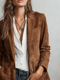 Emilia | Damen Cardigan Blazer Kunstwildleder Tailored-Fit Knopfleiste - Braun