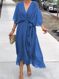 Sophie | Damen Chiffon Cocktailparty-Kleid V-Ausschnitt Taillengürtel Midi - Blau