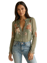 Damen-Chiffonbluse mit Stickerei und Spitzenbesatz - Grün