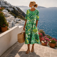 Elfriede | Damen Cocktailkleid Buntes Blumen-Midi-Kleid Kurzarm Sommerkleid - Grün