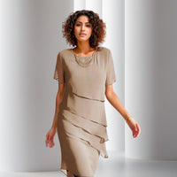 Emilia | Damen Cocktailkleid geschichtetes Chiffon Kurzarm Abendkleid - Khaki