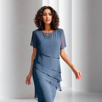Emilia | Damen Cocktailkleid geschichtetes Chiffon Kurzarm Abendkleid - Blau