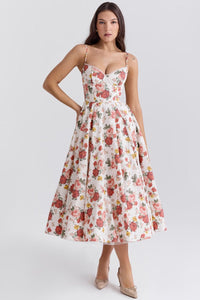 Annika | Damen Cocktailkleid Midi Schwingrock Bügelcup Trägerkleid - Blume