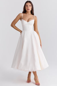 Annika | Damen Cocktailkleid Midi Schwingrock Bügelcup Trägerkleid - Weiß