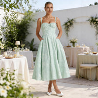 Johanna | Damen Cocktailkleid mit Rüschenoberteil ausgestelltem Jacquard-Rock - Mintgrün