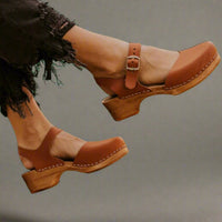 Marie | Damen Comfortable Sandals Plateau-Clogs Lederriemen Holzsohle - Braun