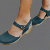 Marie | Damen Comfortable Sandals Plateau-Clogs Lederriemen Holzsohle - Blau