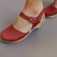 Marie | Damen Comfortable Sandals Plateau-Clogs Lederriemen Holzsohle - Rot